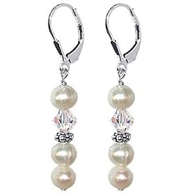 Classy Fresh Water Cultured Pearl Clear Swarovski Crystal Sterling Silver Leverback Dangle Earrings