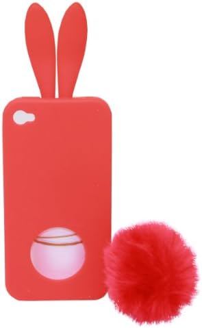Red 3D Cartoon Bunny With A Fuzzy Tail Silicone Soft Case Cover Skin Handle For iPhone 4 4S