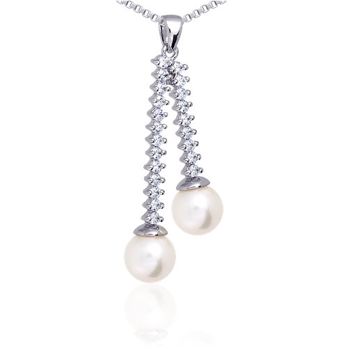 Romantic Elegance: Sterling Silver and Cultured White Pearl Chandelier Bridal Pendant Necklace with CZ diamond