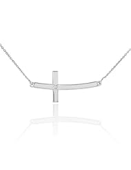 Sterling Silver Curved Sideways Cross Diamond Pendant Necklace