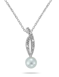 All Natural Freshwater White Pearl and Diamond Pendant in 10K White Gold