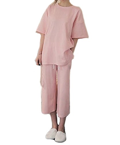 WeBling レディース ピンク パジャマ シルク 半袖 七分丈パンツ 上下セット かわいい 無地 エレガント ソフト 夏 秋 女性 用 ルームウェア 部屋着 便利服 サイズ：M L XL