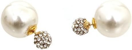 Belle Pink Double Side Simulated Pearl and Crystal Ball Tribal Style Stud Earrings