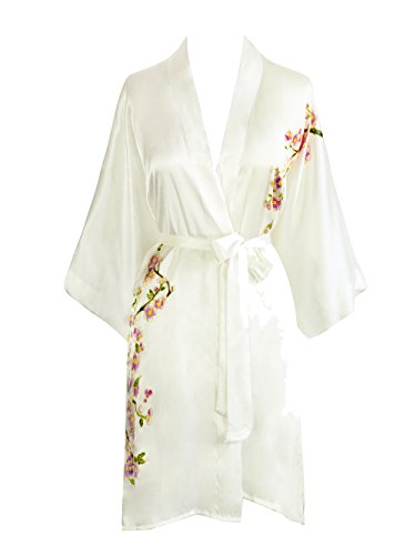 Old Shanghai Women's Silk Kimono Short Robe - Handpainted - Peacock White