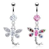 Belly Ring with Clear Cubic Zirconia and Dangling Cubic Zirconia Dragonfly - 14G - 3/8 Bar Length - Sold Individually