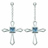1.50 Ct.T.W. Genuine Princess Cut London Blue Topaz in Pure Sterling Silver Cross Earrings