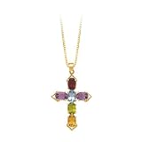 14K Yellow Gold 3 2/3 ct. Oval Shaped Multicolor Stone Cross Pendant with Chain