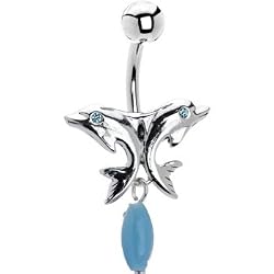 Aqua Gem Sterling Silver Southwestern Dolphin Belly Ring