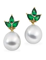 Jewelplus South Sea Cultured Pearl & Genuine Emerald Earrings 18K Yellow Pair 10.00Mm Drop