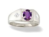 14K White Gold Genuine Oval Amethyst and Diamond Men's Ring