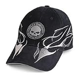 Harley Davidson Men's Flame Skull Baseball Cap / Hat. Constructed of 100% brushed cotton twill with reflective skull patch and extensive flame embroidery in silver. Adjustable back buckle closure for a secure fit. 99412-05V