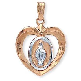 http://religiousjewelry.wordpress.com - 14K Gold-Filled-Sterling Silver Two Tone Miraculous Medal Heart and 18-inch Chain