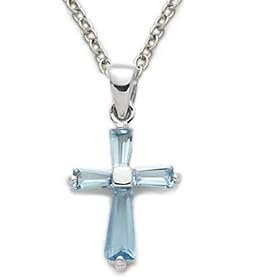 5/8" Sterling Silver Baguette Cross Necklace with Aquamarine Cubic Zirconia Stone on 18" Chain