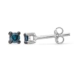 Platinum Plated Sterling Silver Blue Round Diamond Studs (1/6 cttw)