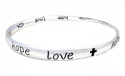 Bracelet - B147 - Bangle Style Inscribed with " "Hope.. Love... Faith" and Crucifix ~ Silver Tone Metal