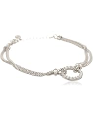 Sterling Silver Italian Rhodium Plated Double Strand Flat Box Chain and Swarovski Crystal Bracelet, 7.5"+1.5 " Extender