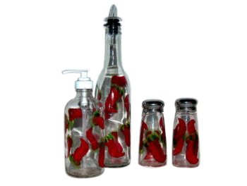 ArtisanStreet's 4-piece Hand Painted Glass Condiment Set with Chili Pepper Design. Made to Order, Signed by Artisan