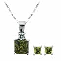 Sterling Silver Simulated Diamond cz and Olive cz Pendant and Earring Jewelry Set