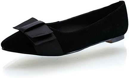 Vogue001 Girls Closed Pointed Toe Cow Leather Solid Flat with Bowknot, Black, 37