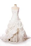 Taffeta Wedding Dress with Pick-Up Skirt, Beaded Lace, and Embellished Flowers