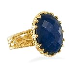 Oval Genuine Sapphire Ring 14K Yellow Gold Plate on Sterling Silver Filigree Rough-Cut Stone