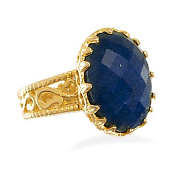 Oval Genuine Sapphire Ring 14K Yellow Gold Plate on Sterling Silver Filigree Rough-Cut Stone