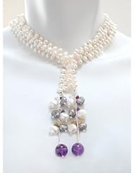 White Freshwater Pearls with Semiprecious Stones and Sterling Lariet
