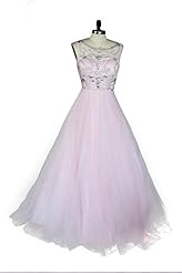 Plus Size A-line Sleeveless Tulle Backless Crystal Sheer Evening Dress/Prom Dress/Party Dress  with a Brush/Sweep Train 