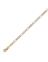14K Solid 3 Tri Color Gold Figaro Chain Bracelet 3.2mm (1/8 in.) - 7 in.