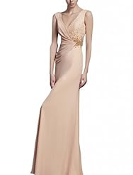 A-line V-neck Sleeveless Beaded Silk Cocktail Floor Length Evening Dress/Homecoming Dress/Pageant Dress/Prom Dress/Party Dress/Wedding Dress 
