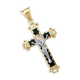 Yellow White Rose Gold Onyx Crucifix Cross Pendant