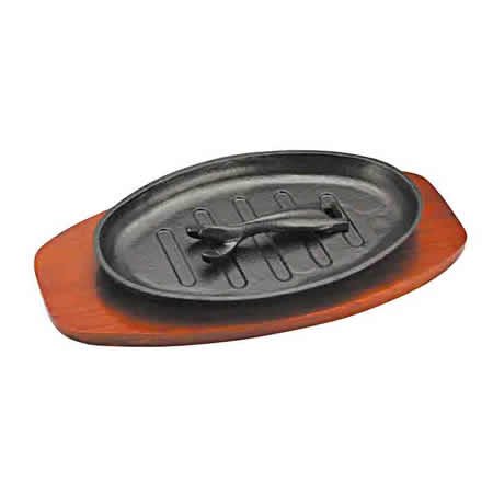 Large Size Oval Cast Iron Sizzle Platter Hot Plate Griddle and Wooden Base