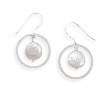 Open Circle French Wire Earrings with Coin Pearl Drop