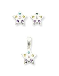 Sterling Silver Multi-colored CZ Star Earrings & Pendant Set