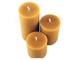 ArtisanStreet's Golden Pure Beeswax Pillar Candles. Set of three: 3 inch diameter, 4, 6 and 9 inches tall. Rich, honey-sweet aroma & burn with a warm glow. Hand Crafted, Limited Edition.