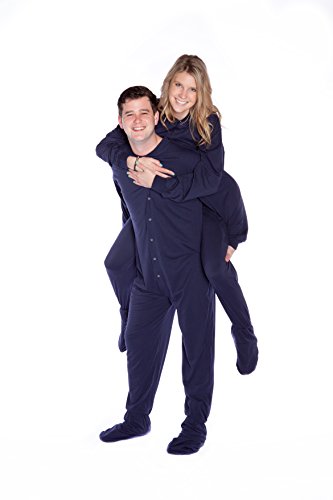 Big Feet PJs Navy Cotton Jersey Adult Footed Pajamas w/ Drop Seat