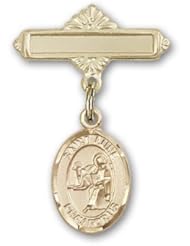 14K Gold Baby Badge with St. Luke the Apostle Charm and Polished Badge Pin