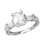 Sterling Silver Engagement Ring With Baguette Shape Cubic Zirconia and Two Sidestones