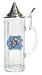Stein is an imported lead crystal stein with a colored metal applique. Applique is approx 3 inches high. Stein is approx 10 inches tall and holds 20 ounces.