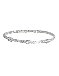 Silver Rhodium Plated Polish 7.25" 3.75mm Basketweave Bangle With Box Catch And .06 Carat Diamond
