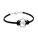 Sterling Silver Tarnish-Free Peace Sign w/ Black Cord Bracelet