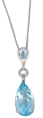 14K White Gold Hand-Crafted Dangling Pear-Shaped Designer Pendant, Enhanced with Pave Set Diamonds and Blue Topaz Semi Precious Stones, Sliding on a 16'' Cable-Chain Necklace.(GH-Color, SI-Clarity, c.t.t.w.0.22CT, Blue Topaz 16.11CT).