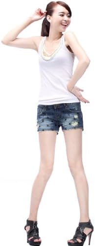 Wantdo Print Patch Denim Shorts Jeans with Holes Slim for Women DKXN-938