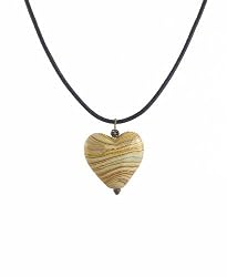 Necklace - N378 - Ceramic Heart on Leather Cord with Sterling Silver Clasp and Ends ~ Cream - Gray- Brown Stripes