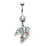 Jeweled belly ring with dangling multi-color dolphin