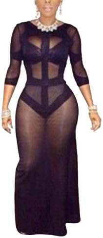 MS Sexy Women Transparent Nightclub Black Bikini Long Dress
