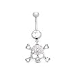 Stainless Steel Belly Ring with Clear Crystals - Dangling Skull with Crossbones