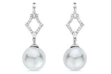 10-11mm Drop South Sea Pearl and 1/2 Carat Round and Baguette Diamonds 14K White Gold Earrings