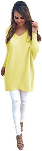 EKIMI Womens Casual Loose Long Sleeve V-Neck Jumper Sweaters Coat Blouse (M, Yellow)