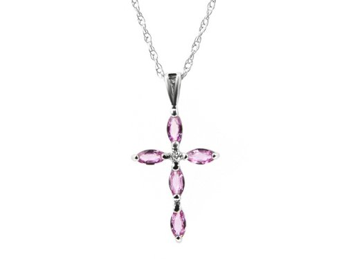 9ct White Gold Pink Sapphire & Diamond  Marquise Cross Pendant On 18 Rope Chain
